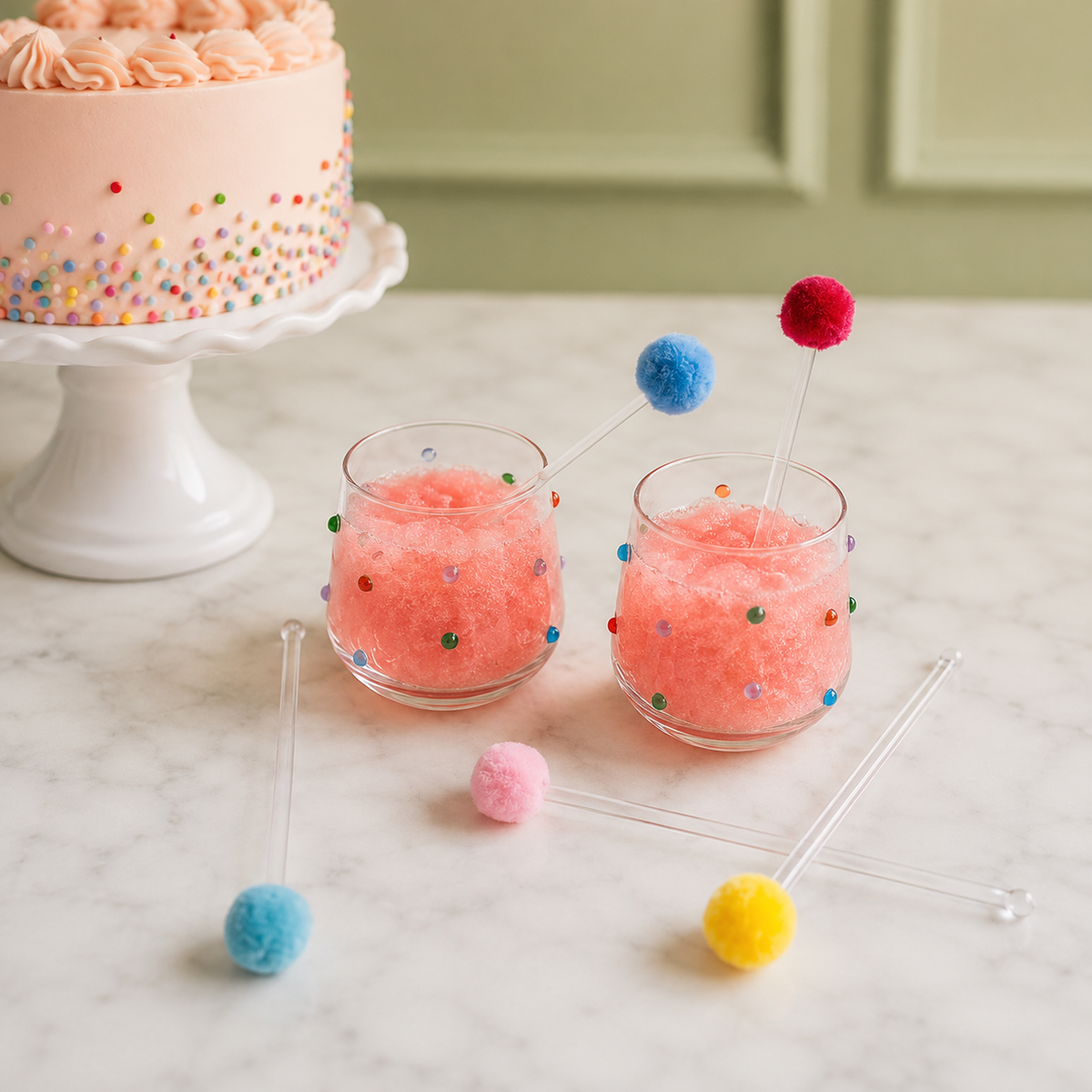 Two confetti beaded wine glasses filled with Frose cocktail mix drink and includes multicolored colorful pom-pom drink stirrers. A peach frosted cake on a white pedestal is blurred in the background on a light marble surface.