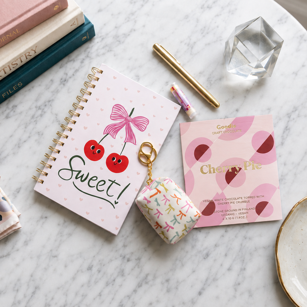 A curated stationery gift set styled flat-lay featuring a pink spiral notebook with a cherry illustration and the word 'Sweet!' on the cover, a salted caramel salted chocolate bar, and a bow designed keychain pouch. The perfect curated gift for celebrations, milestones, graduations, teens, tweens, pre-teens, stationery lovers.
