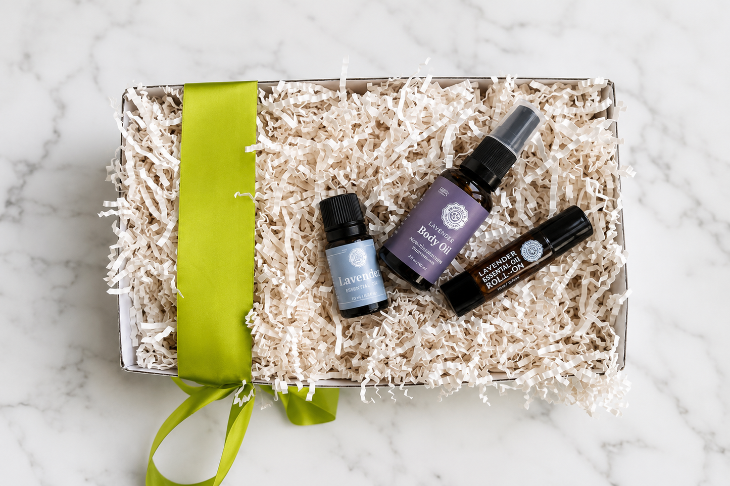 A curated self-care gift that includes a lavender therapy trio, body oil, essential oil and essential roll-on. 