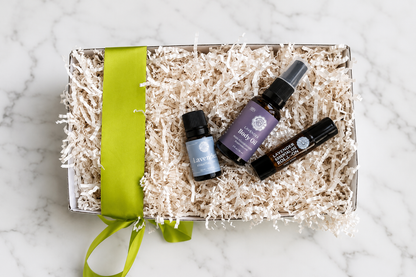 A curated self-care gift that includes a lavender therapy trio, body oil, essential oil and essential roll-on. 