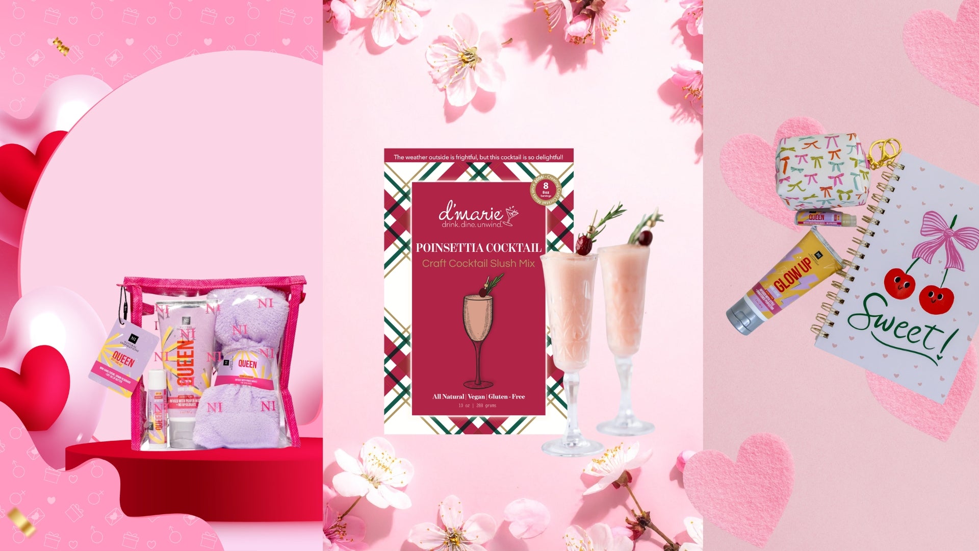 Collage of Valentine's Day-themed products including a grwm spa gift set, poinsettia cocktail mix, and lip balm, keychain mini purse, and hand cream on a pink background with cherry, bow design notebook.
