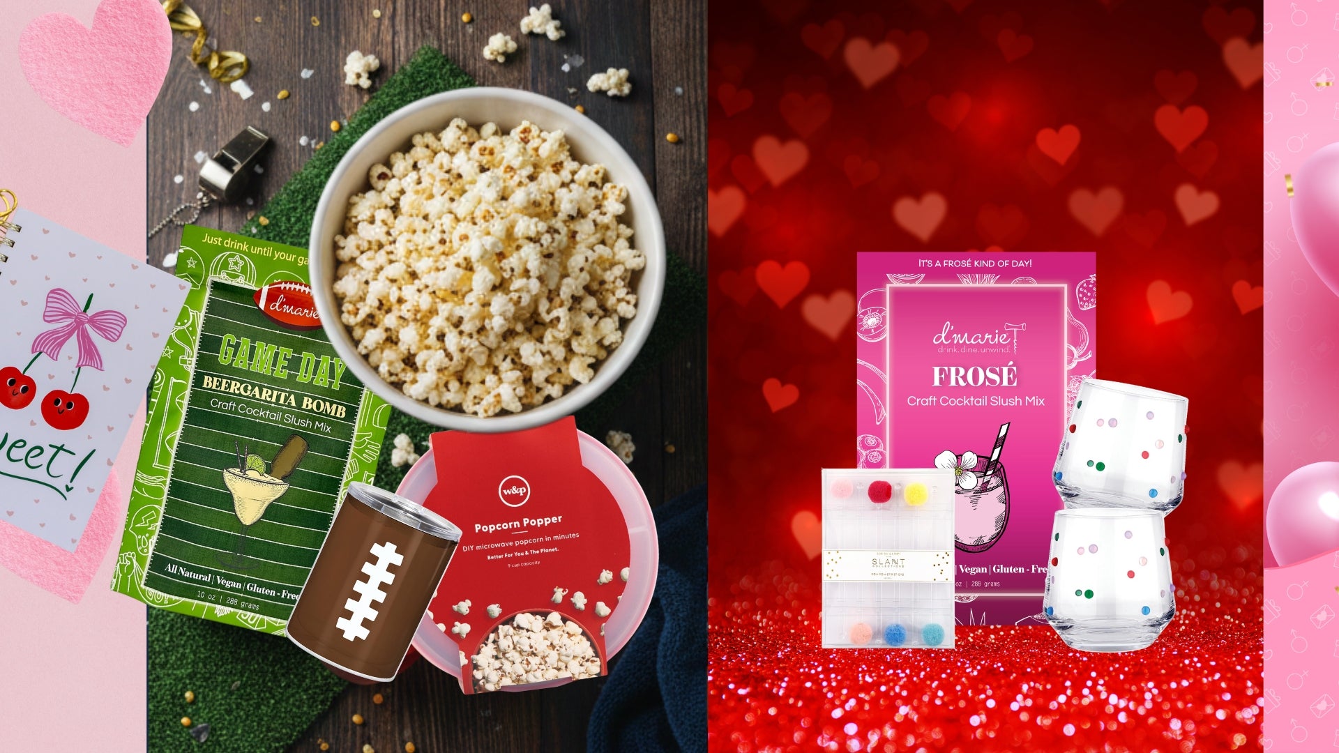 Popcorn bowl with movie theater snacks and a Valentine's Day-themed gift sets on a red heart background.