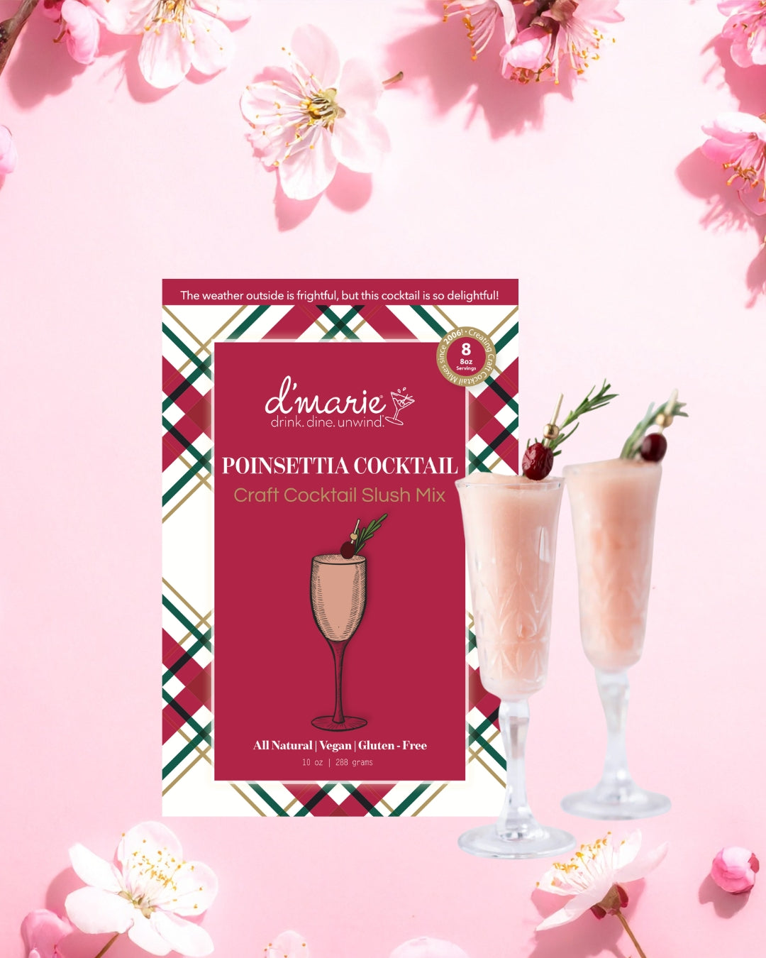 Poinsettia Cocktail mix with two cocktails on a pink floral background. a perfect gathering gift