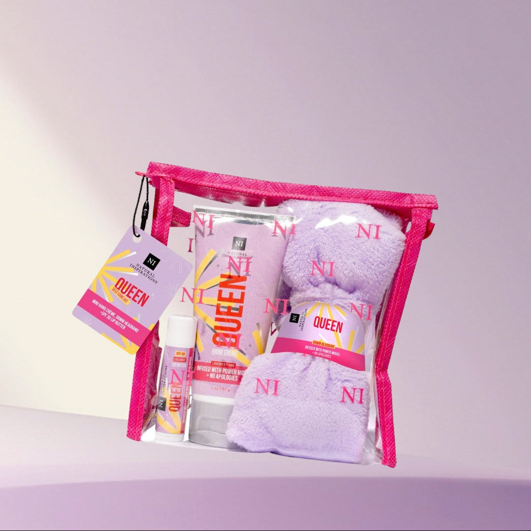 get ready with me pampering gift set products including a pouch, headband, lip butter and hand creme