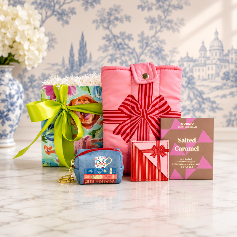 A stationery curated gift set on a white marble surface featuring a pink quilted book cover with a red bow design, a blue keychain stack of books designed purse, a salted caramel chocolate bar and a bow-designed fabric bookmark. 
