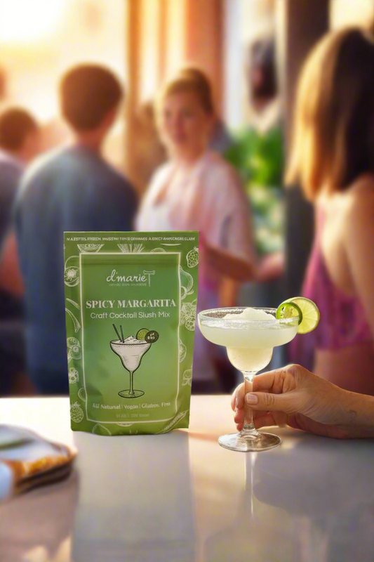 Spicy Margarita cocktail mix package with a cocktail and lime wedge on a blurred bar background