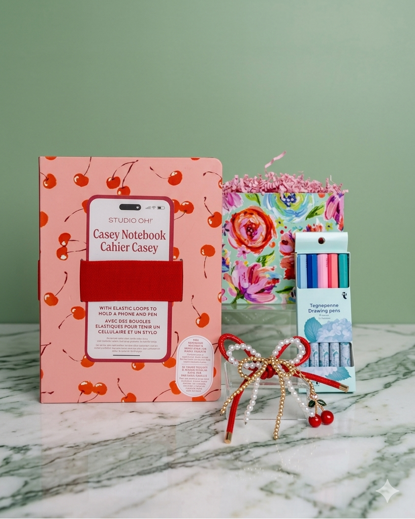 Pink notebook with cherry design, floral premium gift packaging, cherry bag charm and stationery items on a marble surface.