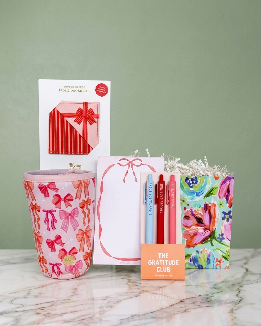 Stationery and accessories gift set  including a sleeve cup, mini notepad, fabric bookmark and 3 set of pen with premium gift packaging to give. 