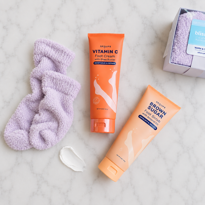 Two sets of foot spa ritual gift, Vitamin C with Shea Butter Foot Cream and Brown Sugar with Almond Oil Foot Scrub. Perfect gift for relaxation and love.