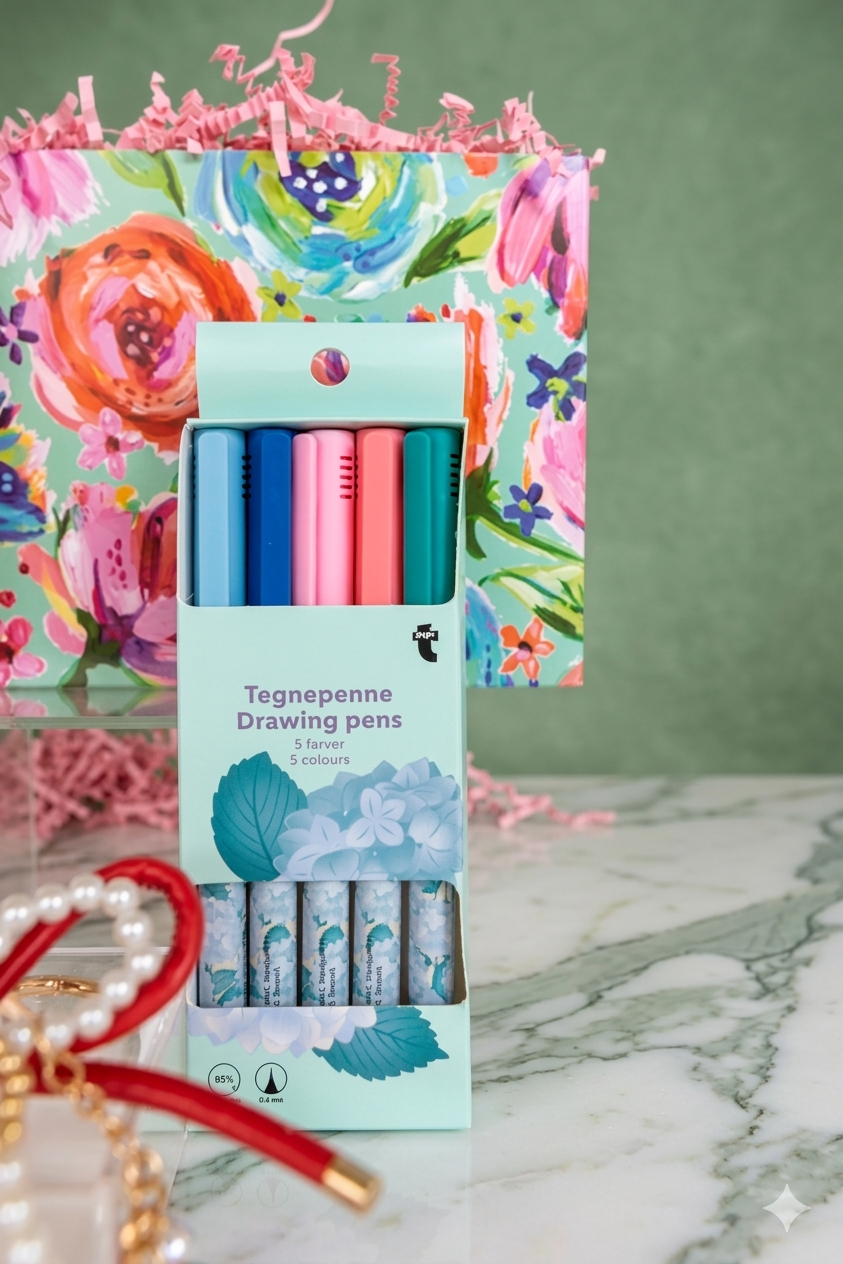 Set of writing pens in a colorful box with floral design on a marble surface.